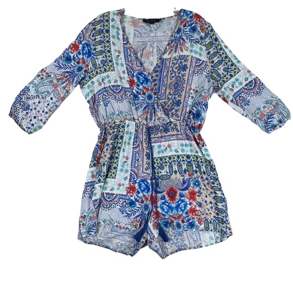 Love Tree Pants - Love Tree Boho Patchwork Paisley Romper Blue Red V-Neck‎ Large